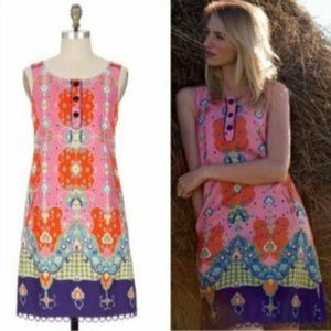 💗🧡 Maeve Anthropologie Pink Orange Geometric Floral Mod Shift Dress Retro